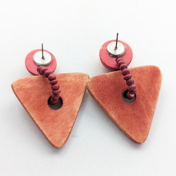 Vintage Estate Modernist Geometric Wooden Beaded Dangle Drop Post Stud Earrings - Picture 3 of 4